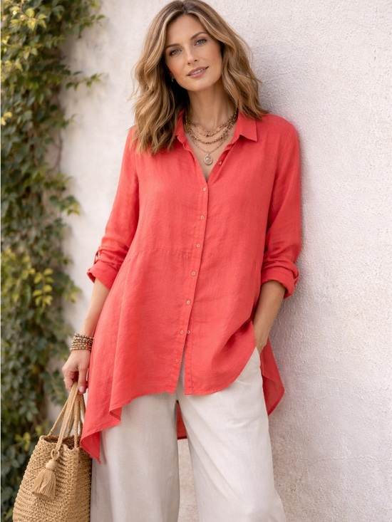 Stella Carakasi Tops - Stella Carakasi Coastal Hemp Coral Asymmetrical Button Down Boho Tunic